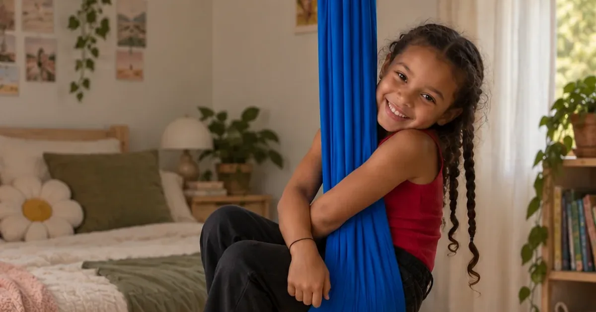 A child hugging a blue sensory swing in a cozy bedroom