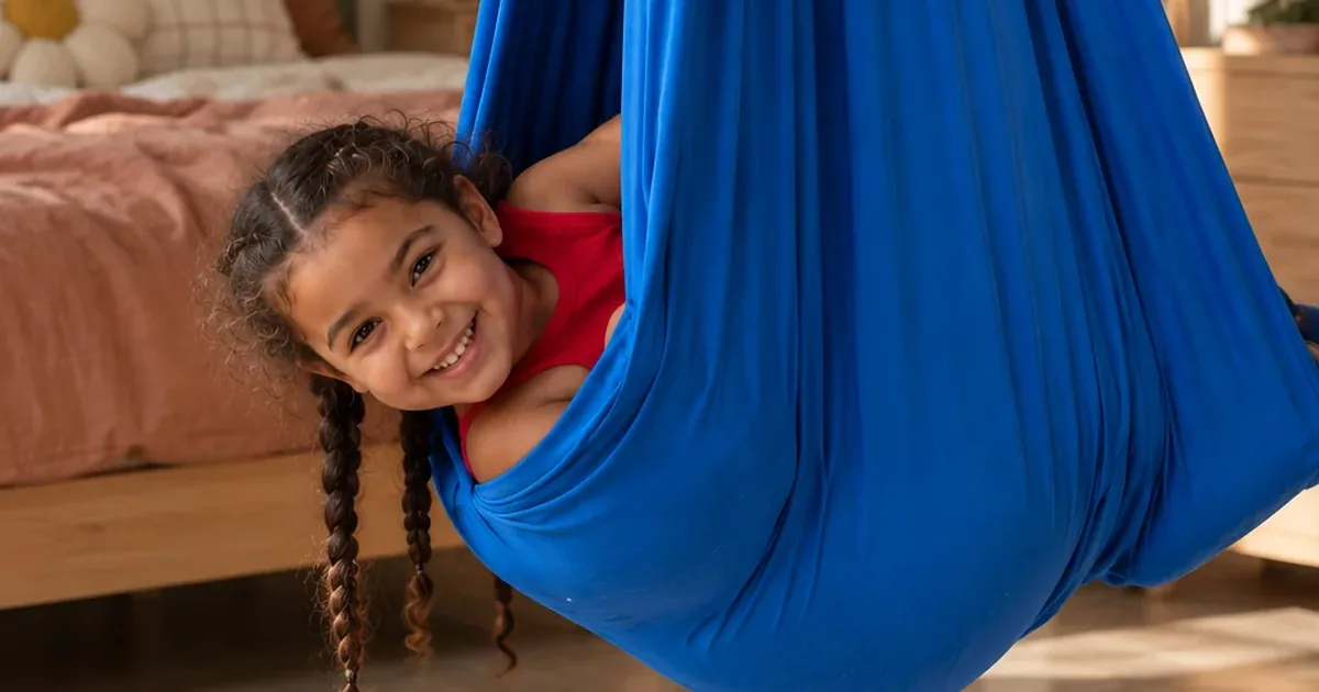 A smiling girl peeking out of a blue CIPPO Sensory Swing in her bedroom