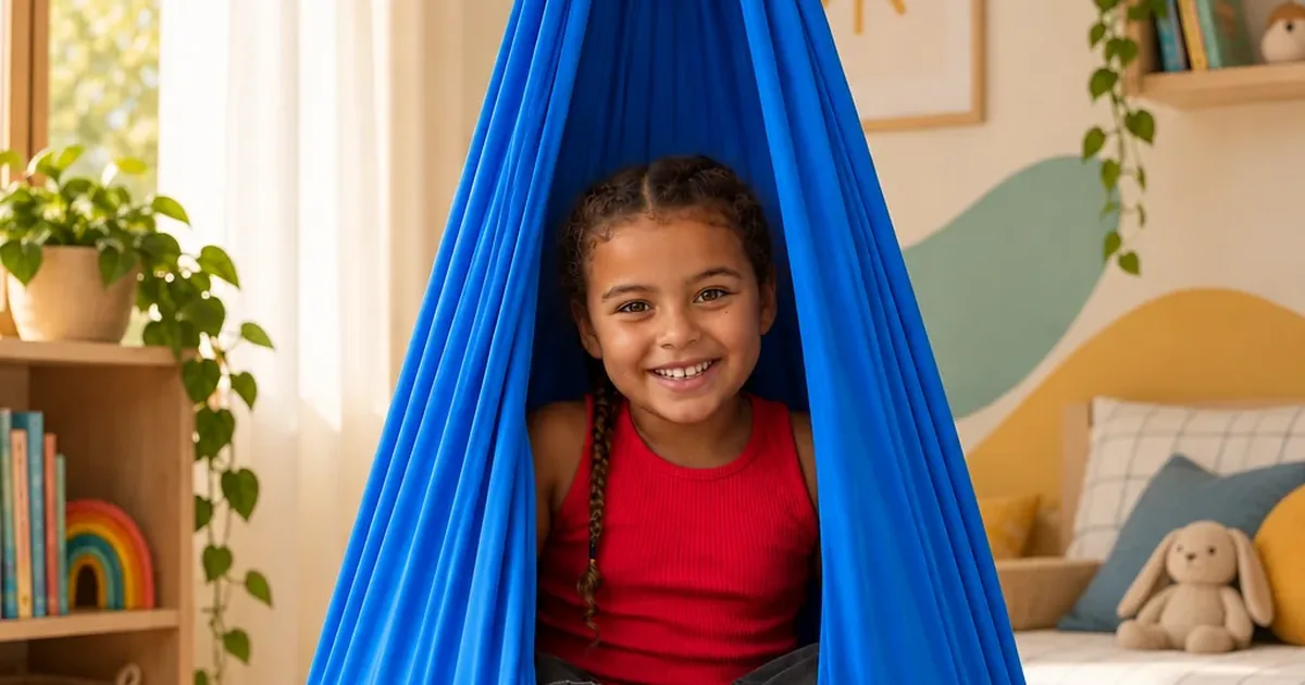 A smiling child sitting inside a blue CIPPO Sensory Swing in a sunlit bedroom
